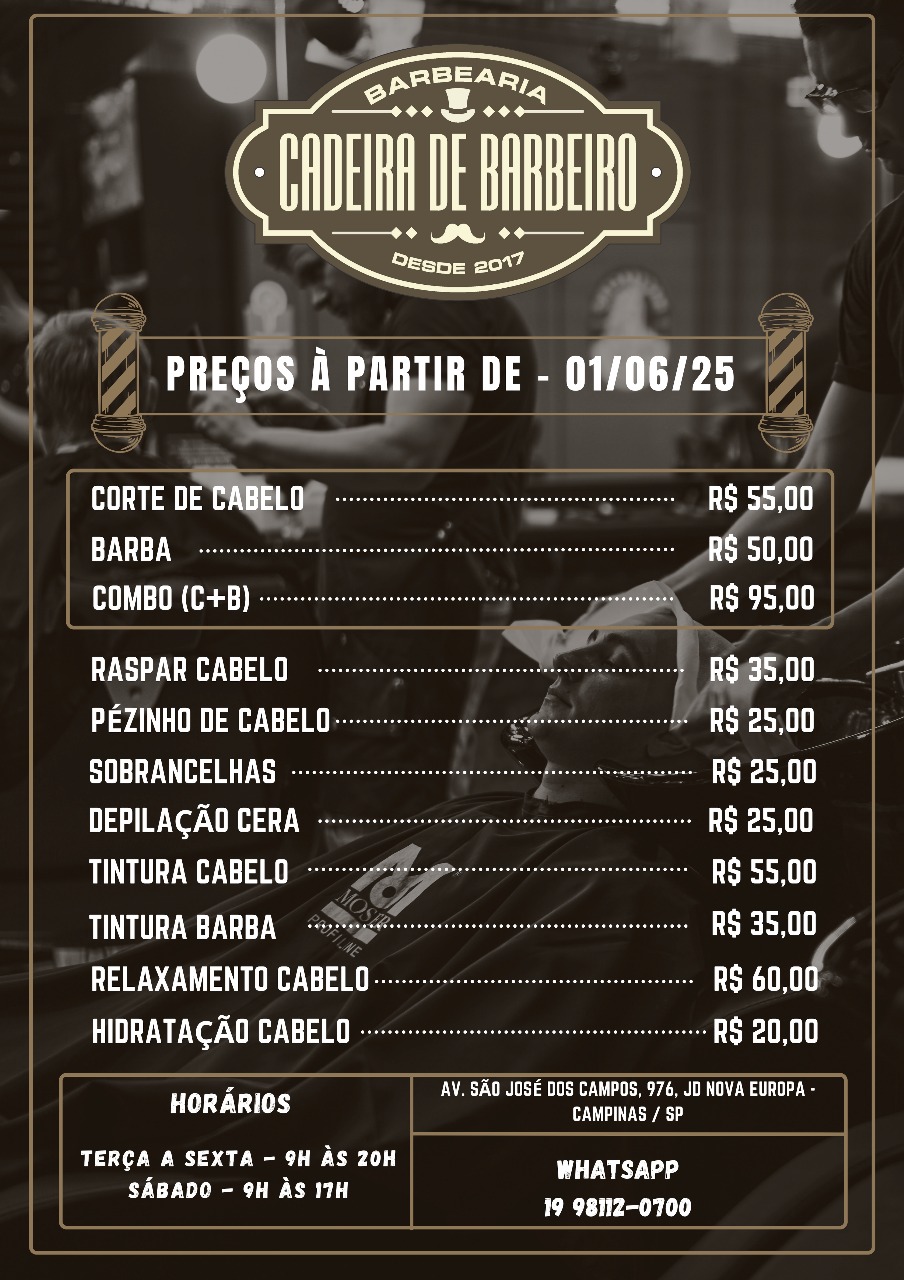 Tabela de preços dos serviços da Barbearia Cadeira de Barbeiro em Campinas